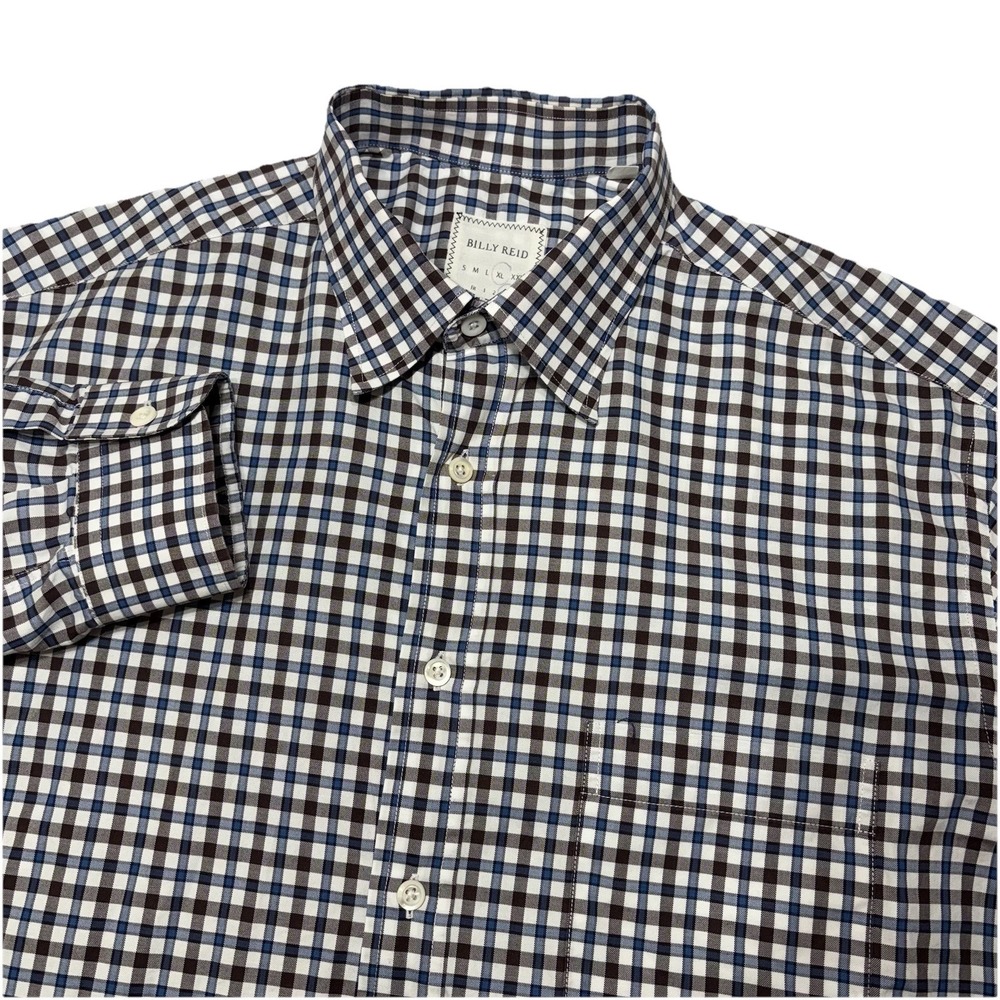 Billy Reid Blue, Brown & White Plaid Button-Down Shirt